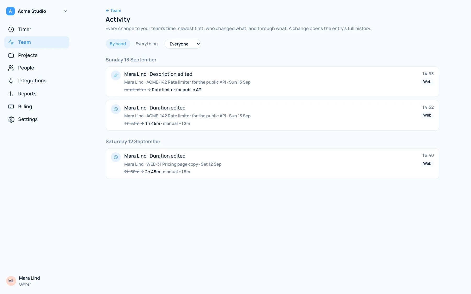 simplytime activity feed: who changed which entry, from what to what, and from where