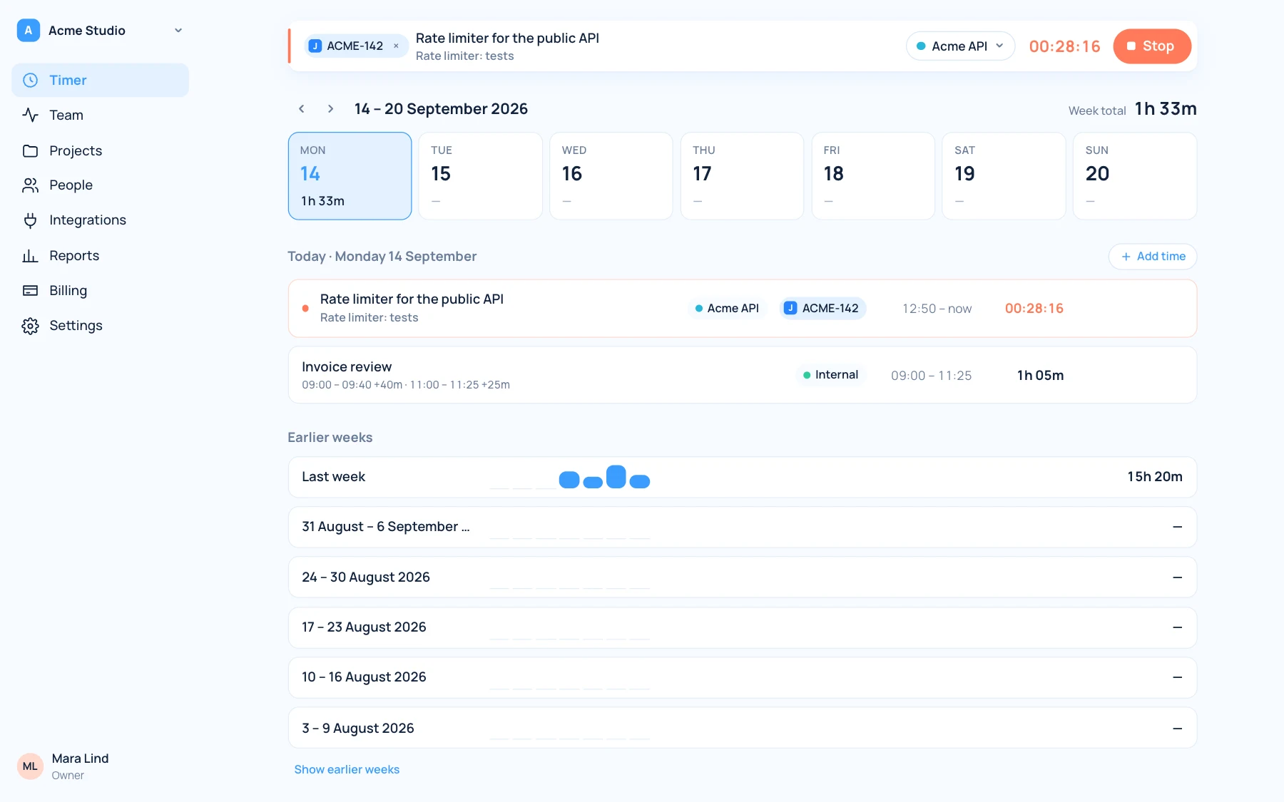simplytime timer page: a running timer on Jira issue ACME-142, today's entries and the week
